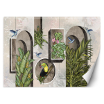 Tapeedikujud seinas taimede ja lindudega tukaani koolibri 100x70 beež