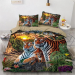 3D Voodipesukomplekt Must Tekikott Padjap&uuml;&uuml;r Kuningas Kujundus Loom Tiiger Prinditud Pol&uuml;ester Tekikott 70x133cm 2pcs