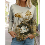 2024. aasta naiste moe retrotopsid, pikkade varrukatega, kaelusega pullover vabaaja pikkade varrukatega T-s&auml;rk Uus 3D-tr&uuml;kiga Lotus Print T-s&auml;rk 5XL