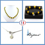 Pierres et Min&eacute;raux. Parure bijoux Bracelet Collier Perles Agate jaune + Lave 8 mm. Chaine Taille personnalisable.