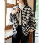 Tweed S&uuml;gis Uus &Uuml;mmarguse Kaelusega L&otilde;tv Ruuduline Vintage Jakk Naistele L&uuml;hike S must