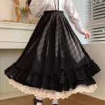 Mustad pikad seelikud Naistele Jaapani Kawaii Preppy stiilis Lolita seelik Naistele Prantsuse vintage kahekihiline pits, volangidega plisseeritud seelikud M