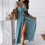 Suvine l&uuml;hikeste varrukatega V-kaelusega Bohemian Polka Dot Print Kleit pikk seelik M