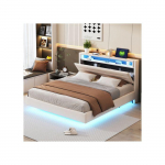 Polsterdatud voodi - MUVOE - 160x200 cm - USB-pistikupesa - LED-valgustus - P&ouml;&ouml;ratav peats beež