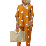 1 komplekt Pluus P&uuml;ksid Dot Print elastne v&ouml;&ouml;koht Suvine Boheemlaslik l&otilde;dvestunud riietus Kaheosaline &uuml;likonnakomplekt XL kollane
