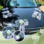 1 komplekt pruudis&otilde;iduki kaunistus Valge roos Roheline leht Auto kapottlill satiinpaelaga lips Just Married Pealmine auto lillekomplekt gray