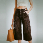Naiste k&otilde;rge v&ouml;&ouml;kohaga mitme n&ouml;&ouml;biga cargo l&uuml;hikesed teksap&uuml;ksid Vintage mitmetaskulised pestud denim capri p&uuml;ksid Vabaaja laia s&auml;&auml;rega p&uuml;ksid XL kohv