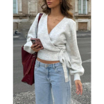 Naiste elegantne risti V-kaelusega pitsn&ouml;&ouml;riga ebakorrap&auml;rane l&uuml;hike kootud kampsun M hall