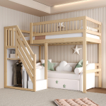 Tammepuidust voodi 90*200, Trepp hoiukapiga, Lastevoodi, Noortevoodi, &Uuml;heinimesevoodi, T&auml;ispuidust raam, K&otilde;rge versioon, Puiduv&auml;rvi 205 x 142 x 173 cm looduslik