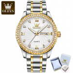 OLEVS 5565 Teemantkuldkellakalender 3 koos kinkekarbiga Teemantkuldkellakalender, 3 n&otilde;elaga helendav veekindel kvartskell meeste k&auml;ekell