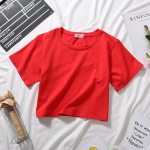 Suvised l&uuml;hikeste varrukatega T-s&auml;rgid Naiste puuvillane massiivne T-s&auml;rk O kaelusega k&otilde;rge v&ouml;&ouml;koht Crop Top Tee Naiste vabaaja vaba T-s&auml;rk L punane