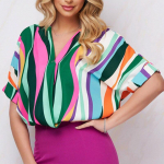 Mood lahtised topid vabaaja V-kaelusega triibuline tr&uuml;kitud s&auml;rk Elegantne noorte l&uuml;hikeste varrukatega pluusid suvekontori riided Blusas 25341 S roheline