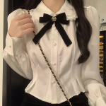Valged S&auml;rgid Naine Kawaii Pits Lolita Pluusid Magusad Tuunikad K&auml;rbitud pikkade varrukatega Topid Preppy Korea S valge