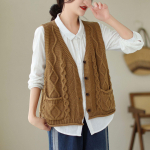 Johnature naiste vintage kampsunid vestid V-kaelusega varrukateta lapiga taskud mantlid kootud puuvillased riided s&uuml;giskampsunid One Size helepruun v&auml;rv