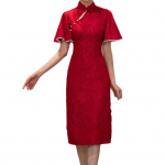 Punase pitsiga Cheongsami naiste elegantne &otilde;huke retrokleit, krae, 3/4 varrukatega žakaarpits Qipao hiina stiilis &otilde;htune pulmakleit L punane