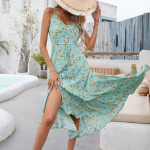 Suvine seksikas lilledega tr&uuml;kitud varrukateta ebaregulaarne rannakleit naistele vabaaja V-kaelusega naiste kleit, moodne r&uuml;&uuml; Femme 25387 S orion i v&auml;rv