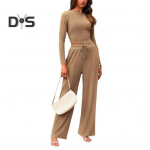 2 tk/komplekt Naiste Top P&uuml;ksid Komplekt &Uuml;mar Kaelus Pikad Varrukad Slim Fit Top K&otilde;rge V&ouml;&ouml;koht Paelaga Laiad P&uuml;ksid Treeningriided Vabaaja Igap&auml;evane Riietus S khaki