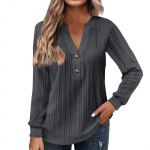 Naiste mood pikkade varrukatega &uuml;hev&auml;rviline V-kaelusega n&ouml;&ouml;biga T-s&auml;rk, tr&uuml;kitud vabaaja topp L sinine