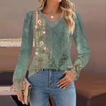 Women's Daily Casual Long-sleeved Striped Printed v-neck Top XXL