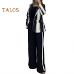 2 tk/komplekt Naiste pidulik mantel ja p&uuml;ksid komplekt Pikkade varrukatega V&auml;rviplokk Triibuline Rev&auml;&auml;riga Kampsun Keskmise pikkusega Jakk L&otilde;hikuga Laia s&auml;&auml;rega K&otilde;rge v&ouml;&ouml;kohaga P&uuml;ksid Pidulik XXXL