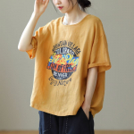 Suvine puuvillane linane pluss-suuruses kunstip&auml;rane lahtine antiiktr&uuml;kiga &uuml;mara kaelusega l&uuml;hikeste varrukatega T-s&auml;rk naistele M valge