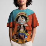 Lahe 2025. aasta uus, &uuml;hes t&uuml;kis laste 3D-prinditud multifilmi T-s&auml;rk O-kaelusega l&uuml;hikeste varrukatega Luffy spordir&otilde;ivaste top 4-14T 140