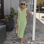 Suvine selg Side Up Bandage Flare Varrukateta puuvillane linane kleit naistele Elegantne mood valge must soliidne pikad riided 3XL heleroheline v&auml;rv