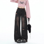 Y2K Vintage k&otilde;rge v&ouml;&ouml;kohaga Harajuku lahtised teksad p&uuml;ksid Korea mood naiste grunge laia s&auml;&auml;rega Suured teksap&uuml;ksid naiste riided XL must