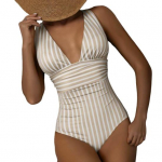 Naiste Monokini s&uuml;gava V-kaelusega varrukateta Slim Fit &uuml;hes t&uuml;kis bikiinid triibulise tr&uuml;kiga k&otilde;rge v&ouml;&ouml;kohaga Tummy Control &uuml;hes t&uuml;kis ujumistrikoo S must