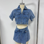 Denim ebakorrap&auml;rase servaga seelik-l&uuml;hikeste p&uuml;kste komplekt Naistele Kitsad l&uuml;hikeste varrukatega V-kaelusega l&uuml;hikesed topid K&otilde;rge v&ouml;&ouml;koht L&uuml;hikesed p&uuml;ksid 2025 Uus Naiste Y2k t&auml;navamood S helesinine v&auml;rv