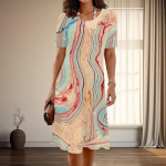 Naiste Mood Graatsiline Marmormustriga Suvine Kevadine L&uuml;hikeste Varrukatega O-kaelusega Vabaaja Kleidid XS roheline