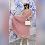 Miyake 2025 Spring/Summer Bat Sleeve V-Neck Fishtail Dress: Retro Colorblock, Large Size, Pleated Long Skirt. One Size