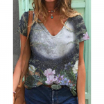 Moodsad kevadised lillemustriga pluusid l&uuml;hikeste varrukatega V-kaelusega T-s&auml;rgid vabaaja XS oranž