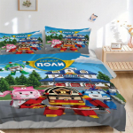 3 tk Robocar Poli Kodukaunistus Voodipesukomplekt-Universaalne Kolmeosaline Komplekt Magamistuppa, K&uuml;lalistetuppa, Elutuppa, Hotelli-T&auml;iuslik Kingitus F&auml;nnidele, Reisimiseks 135x200cm