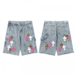 CHROME HEARTS Meeste T&ouml;&ouml;mehe Denim L&uuml;hikesed P&uuml;ksid Risti Plaaster Leopardi Muster Streetwear Toores &Auml;&auml;r L&otilde;dvad teksap&uuml;ksid 28