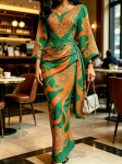 Naiste roheline-oranž paisley prindiga maksikleit kimonovarrukate, V-kaeluse, kroogitud &uuml;mberkeeratava v&ouml;&ouml;kohaga bodycon elegantne kleit XS