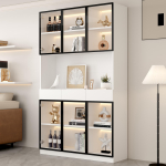 Klaasuksega 200 cm k&otilde;rgune vitriinkapp LED-valgustusega, mitme riiuliga raamaturiiul kollektsiooni, magamistoa, elutoa, kontori jaoks, valge - must ukseraam 120 x 36 x 200 cm valge