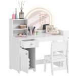 Laste meigilaud ja toolikomplekt, T&uuml;drukute tualettlaud 2-v&auml;rvilise LED-peegli, tabureti, kapi, sahtli, riiulitega, Valge 88.6 x 38.8 x 96.9 cm