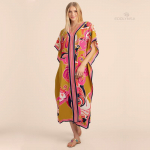 Pikad Kaftani Bohemian tr&uuml;kitud bikiinide katted Seksikad V-kaelusega poolvarrukad Maxi kleit Tuunika Naiste rannar&otilde;ivad Ujumiskost&uuml;&uuml;m Cover Up Q1333 One size kollane
