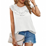 Suvine naiste T-s&auml;rk &uuml;mmarguse kaelusega plisseeritud puidust k&otilde;rva &auml;&auml;rega kollaaž varrukateta T-s&auml;rk Tank Top Vest S valge