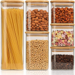&Otilde;hukindlate bambusest kaantega toidukonteinerite komplekt 6, l&auml;bipaistvast klaasist kanistriga toidupurk suletava kaanega K&ouml;&ouml;gi sahvri hoiukonteiner