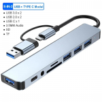 8 in 2 C-t&uuml;&uuml;pi dokkimisjaam USB splitteri adapter USB C jaotur 5Gbps kiire edastus USB 3.0 2.0 3.5 helipistiku SD/TF-kaardilugeja OTG-adapter 8 in 2