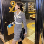 Westernized Thousand Bird Checker V-kaelusega kootud kampsun naistele k&otilde;rge v&ouml;&ouml;kohaga juuksekleit kampsun kleit naiste topid One Size must