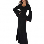 Naiste kleit U-kaelusega pikkade varrukatega A-kujuline Slim Fit k&otilde;hn elastne pikkade sarvvarrukatega seljarihm Paelad pahkluu pikkune &uuml;hev&auml;rviline maxi kleit S must