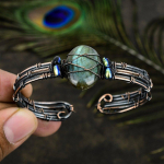 Natural Labradorite Gemstone Handmade Copper Wire Wrap Cuff Bangle Adj. d0q46