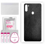 apgo Protective Skin Sticker for the back compatible with Samsung Galaxy A11, Wrap Film, Foil, Vinyl - Pattern Black Leather
