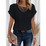 Lace Splicing Crew Neck T-s&auml;rk, vabaaja l&uuml;hikeste varrukatega s&auml;rk kevadeks ja suveks, naiste riided S must