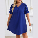 (XL ~ 5XL) V-kaelusega soliidne l&uuml;hike naiste kleit, volangidega l&uuml;hikeste varrukatega avara v&ouml;&ouml;kohaga kleit vabaaja tavap&auml;rane t&ouml;&ouml;puhkuse kleit Suvine hingav pehme plusskleit XL sinine