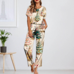 Naiste j&auml;&auml;siidist satiinist j&otilde;uluprintidega pidžaamakomplekt l&uuml;hikeste varrukatega s&auml;rgi ja pikkade pidžaamap&uuml;kste komplekt Pehmed koduriided M lilla