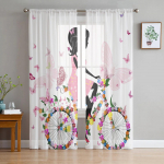 Butterfly Girl Jalgratta lill Roosa Valge Sifoonist L&auml;bipaistvad kardinad elutuppa Magamistoa kaunistamiseks Akna Voiles T&uuml;llkardin W135 x H115cm x1&Rod Pocket